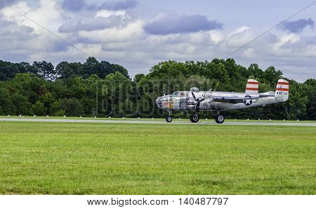 Winston Salem, North Carolina USA.  August 13, 2015.  World World 2 B-25 Bomber Getting Ready For Takeoff