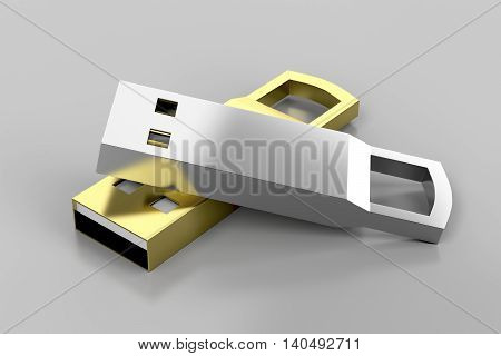 Stylish silver and gold colored usb flash drives, 3D illustration