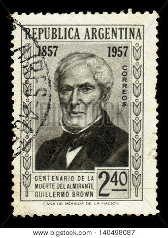 ARGENTINA - CIRCA 1957: a stamp printed in the Argentina shows Guillermo Brown, admiral of Argentina, circa 1957