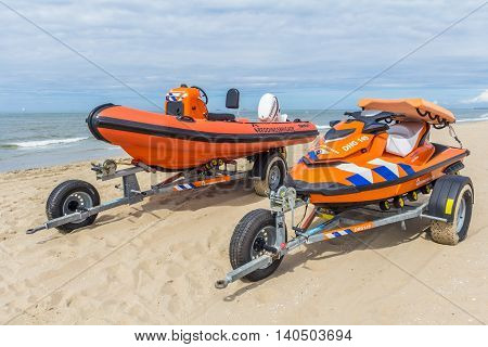 Kijkduin the Netherlands - July 13 2016: beach rescue boats on their trailers