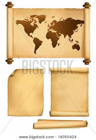 World map in vintage pattern and old papers.