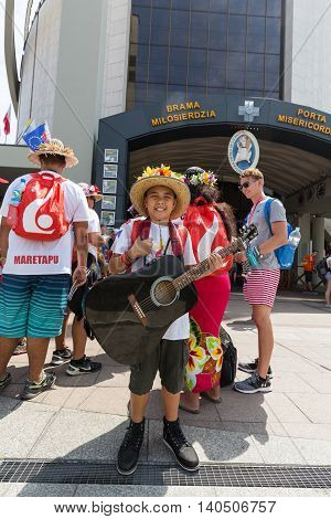 CRACOW POLAND - JULY 26 2016: World Youth Day 2016 - Pilgrims from Cook Island in the Sanctuary of Divine Mercy in Lagiewniki. Cracow Poland