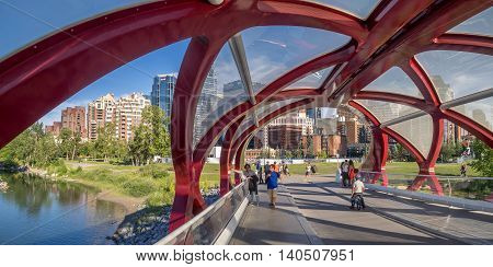 CALGARY, CANADA - JULY 8: Inside the Peace Bridge which spans the Bow River on July 8, 2016 in Calgary, Alberta. The Peace Bridge was designed by celebrity architect Santiago Calatrava.