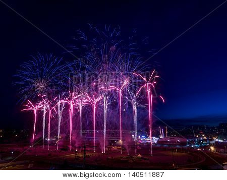 CALGARY, CANADA - JULY 8: Fireworks at the the Calgary Stampede at sunset on July 8, 2016 in Calgary, Alberta. The Calgary Stampede is often called the greatest outdoor show on Earth.