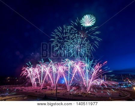 CALGARY, CANADA - JULY 8: Fireworks at the the Calgary Stampede at sunset on July 8, 2016 in Calgary, Alberta. The Calgary Stampede is often called the greatest outdoor show on Earth.