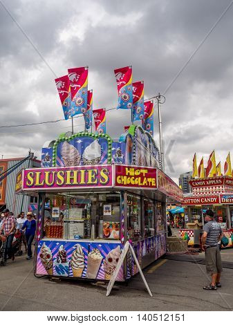 CALGARY, CANADA - JULY 9: Confection booth at the the Calgary Stampede midway on July 9, 2016 in Calgary, Alberta. The Calgary Stampede is often called the greatest outdoor show on Earth.