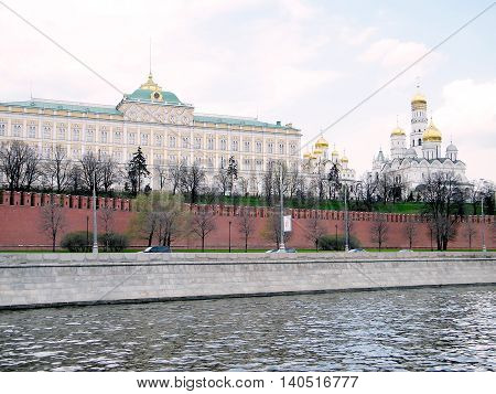 Moscow Russia - May 3 2011: Kremlin Palace and gold domes of Cathedrals.