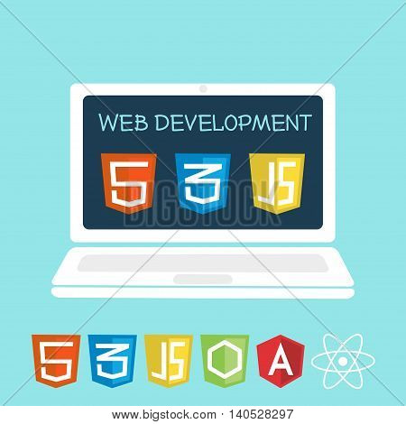 Web development on laptop screen. Vector illustration of software icons for site building web development