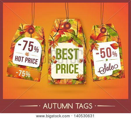 Autumnal discount. Vector fall leaves. Sale tags with leaves