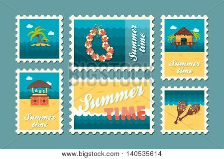 Island beach vector stamp set. Summer time postmark. Vacation eps 10