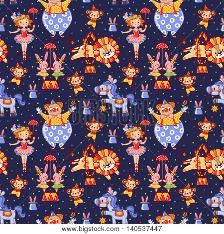 Seamless kids circus pattern in vector with lion bunny monkey clown.