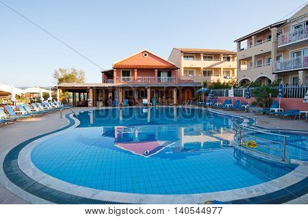 CORFU-AUGUST 26: Exterior of a hotel on Sidary resort is known for its coves of the Canal D'Amou on August 262014 on Corfu island Greece.