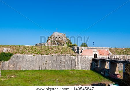 The bridge to the Old Fortress seen from Contrafossa. Corfu Greece.