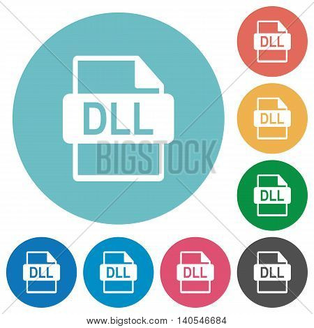 Flat DLL file format icon set on round color background.