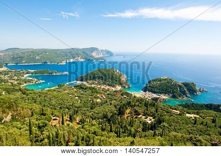The bay of Palaiokastritsa with the monastery on the top of the rock. Corfu Greece.