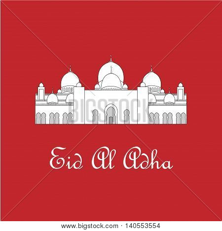 Eid Al Adha mubarak greeting card with white mosque. Vector illustration