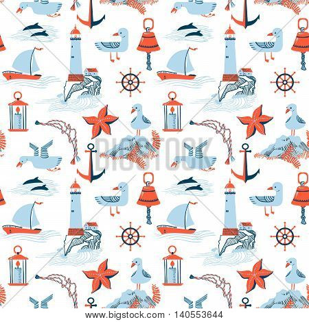 Seamless vector pattern with marine issues on white background
