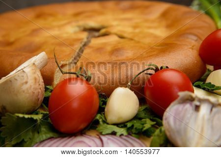 Puff pastry meat pie with vegetables on rustic background