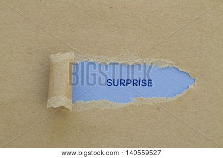 SURPRISE word written under torn paper .