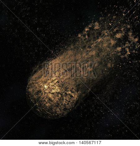 3D render of an asteroid flying though a night sky
