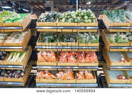 KUALA LUMPUR, MALAYSIA - CIRCA MAY, 2016: inside of a grocery store in Kuala Lumpur. A grocery store is a retail store that primarily sells food.