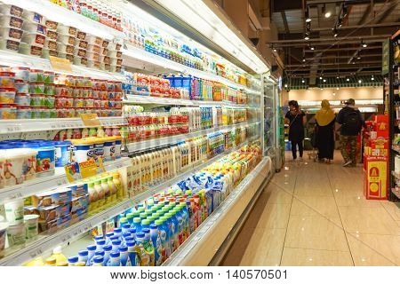 KUALA LUMPUR, MALAYSIA - CIRCA MAY, 2016: inside of a grocery store in Kuala Lumpur. A grocery store is a retail store that primarily sells food.