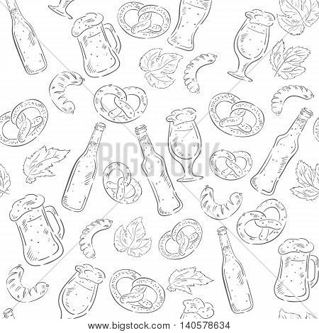 vector hand drawn beer seamless pattern with beer bottles pretzels sausages and beer mugs.