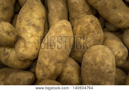 Closeup organic russet baking potatoes at local farmers market