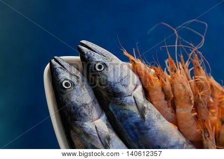 Bonito fish and shrimps infront of pool