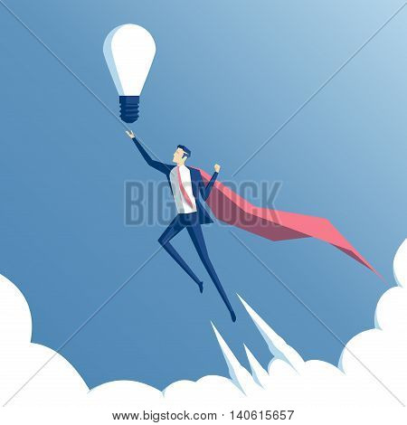 business concept and the idea of success. Businessman superhero flying above the clouds with idea