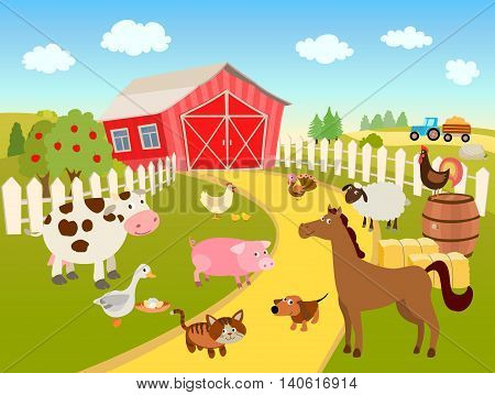 cartoon farm scene illustration with domestic pets, animals and birds, trees, sky and clouds, tractor on a hill. vector