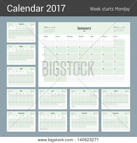 Calendar Template For 2017 Year. Business Planner 2017 Template. Stationery Design. Week Starts Mond