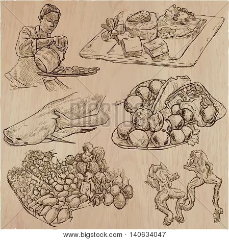 Food around the World. International Cuisine. Restaurant menu. Collection of hand drawn vector illustrations.Each drawing comprise a few layers of editable outlines. Foods are named inside the vector.