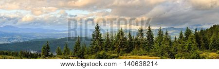 Panorama of Picturesque Carpathian mountains landscape. Chornogora ridge Ukraine Europe