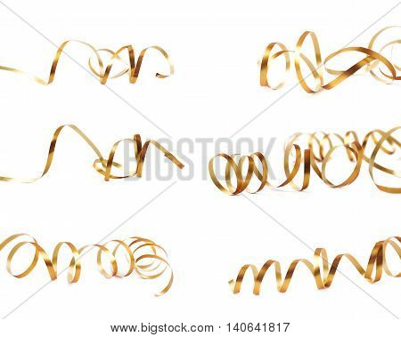 Curly and glossy golden ribbon isolated over the white background, set collection of six diffirent foreshortenings