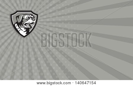Business card showing Black and white illustration of a Rottweiler Metzgerhund mastiff-dog guard dog head looking to the side set inside crest done in retro style.