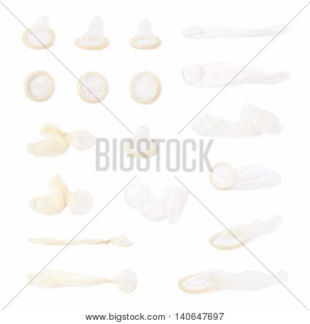 Set of multiple latex condom images, both brand new and used, isolated over the white background