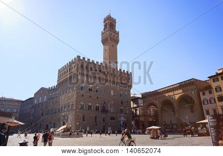 FLORENCE ITALY - JULY 12: The Palazzo Vecchio in the Signoria square on July 12 2016