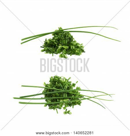 Pile of chopped green onion scallions isolated over the white background, set of two different foreshortenings