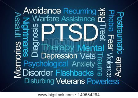 PTSD Word Cloud on Blue Background