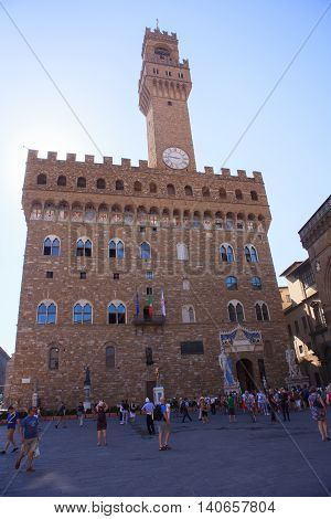 FLORENCE ITALY - JULY 12: The Palazzo Vecchio in the Signoria square on July 12 2016