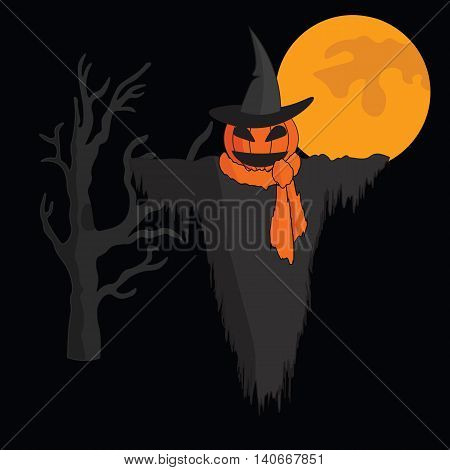 Cute cartoon Scarecrow with witch hat and a scarf on black background with moon and tree.