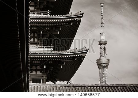 TOKYO, JAPAN - MAY 15: Skytree and historical architecture in temple on May 15, 2013 in Tokyo. Sensoji Temple, founded in 645 CE, making it the oldest temple in Tokyo.