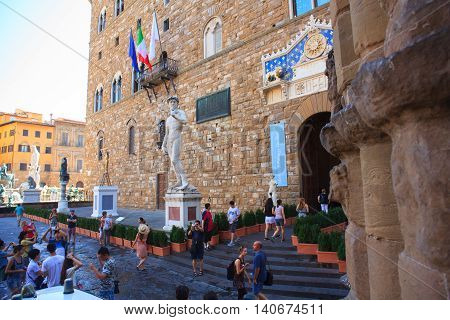 FLORENCE ITALY - JULY 12: View of the David of Michelangelo in the Signoria square on July 12 2016