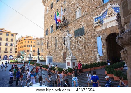 FLORENCE ITALY - JULY 12: View of the David of Michelangelo in the Signoria square on July 12 2016
