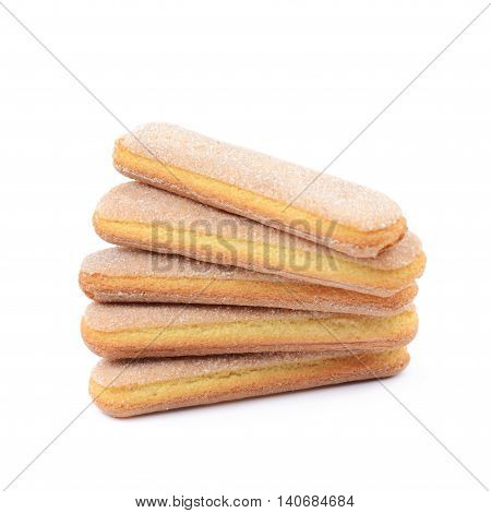 Pile of multiple ladyfinger savoiardi biscuit cookies, composition isolated over the white background