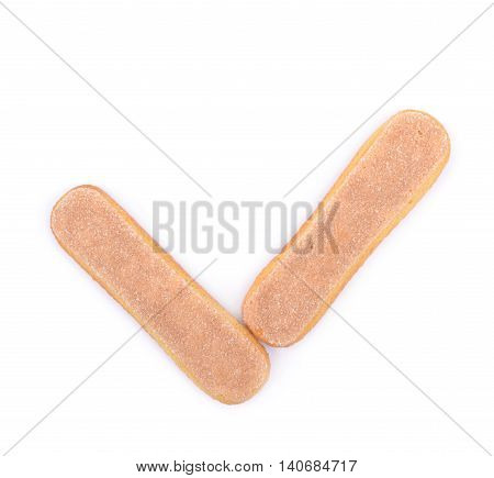Yes tick shape made of two ladyfinger savoiardi biscuit cookies, composition isolated over the white background
