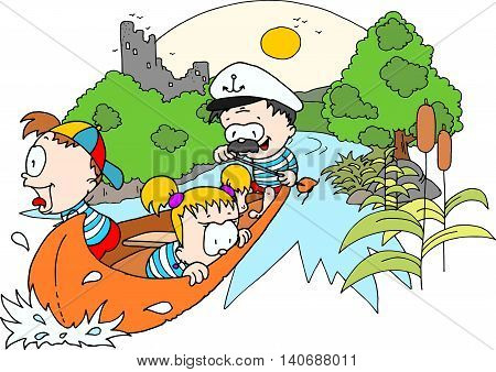 Two children and a captain canoeing down the river. Colour drawing on isolated white background.