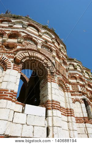 NESSEBAR BULGARIA - JUNE 15 2011: Church of Saint John Aliturgetos on the central street in the old Nessebar town coast of Black Sea Sunny Beach Bulgaria.