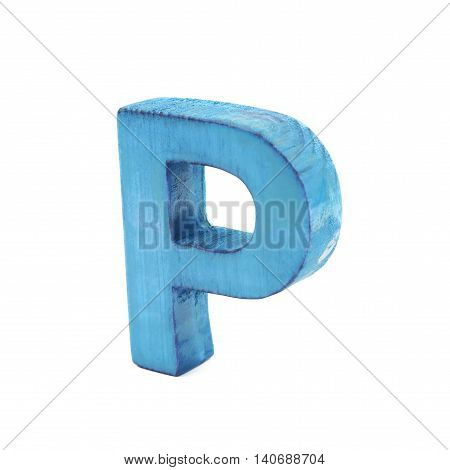 Single sawn wooden letter P symbol coated with paint isolated over the white background